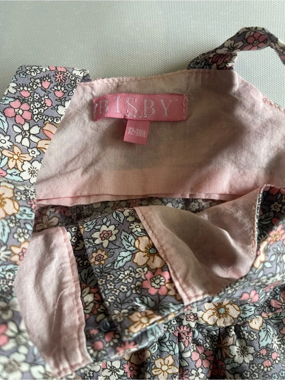 BISBY Girls 12-18M Floral Dress 100% Cotton Pink Gray Button Front